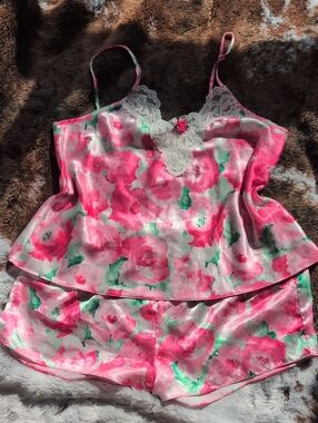 Vintage Inner Most Floral Pink Satin Cami & Short Sleep Set, Size M/L